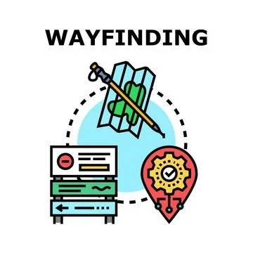 Wayfinding concept with map, signpost, and location pin Stock Illustration