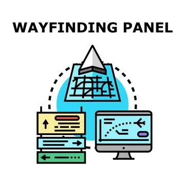 Wayfinding panel directing people with map and monitor Stock Illustration