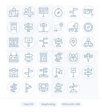 Wayfinding Retina Ready Vector Icon Pack with 35 Regular Line Pixel Optimiz.. Stock Illustration