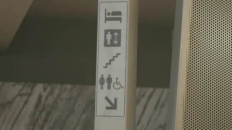 Wayfinding sign with hotel elevator stairs restroom and accessibility icons Stock Footage 328681205