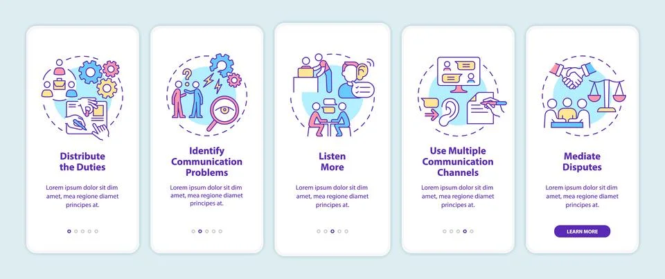 Ways to improve teamwork onboarding mobile app screen Stock Illustration