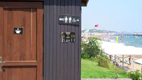 WC and social distancing in COVID 19 summer on the beach Stock Footage 157449364