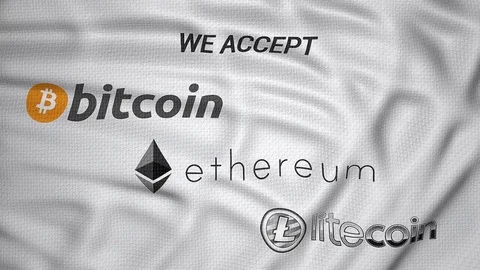 We accept bitcoin ethereum litecoin flag animation logo Stock Footage 83461338
