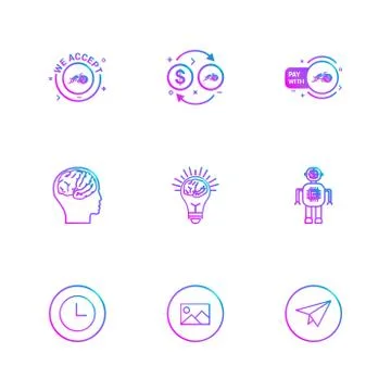 We accept , crypto currency , bot , idea,  brain , paper plain , clock , imag Stock Illustration