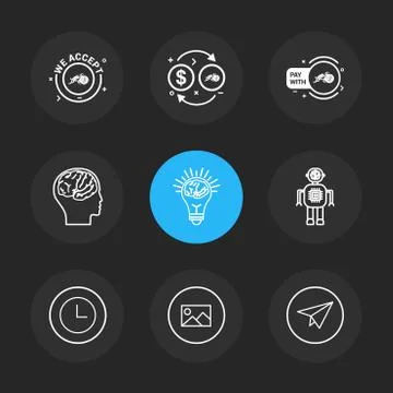We accept , crypto currency , bot , idea,  brain , paper plain , clock , imag Stock Illustration