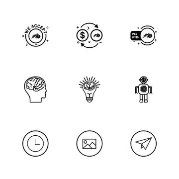 We accept , crypto currency , bot , idea,  brain , paper plain , clock , imag Stock Illustration