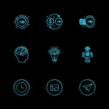 We accept , crypto currency , bot , idea,  brain , paper plain , clock , imag Stock Illustration