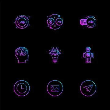 We accept , crypto currency , bot , idea,  brain , paper plain , clock , imag Stock Illustration