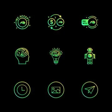 We accept , crypto currency , bot , idea,  brain , paper plain , clock , imag Stock Illustration
