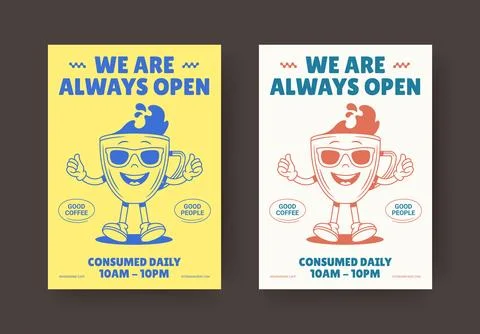 We Are Always Open Coffee Flyer Vector Template For Shop Hours Announcement Stock Illustration