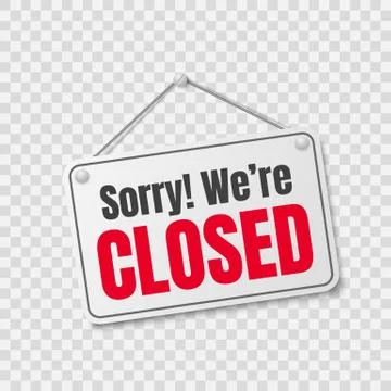 We are closed store label. Sorry we're closed hanging mall signboard Stock-Illustration
