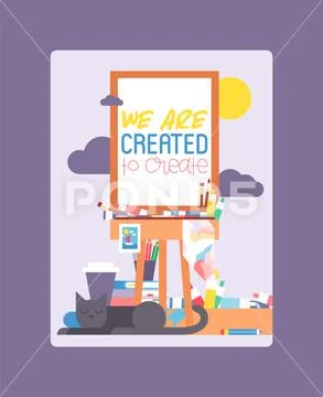 We are created to create on easel. Education, enjoyment concept. Pencils Stock Illustration