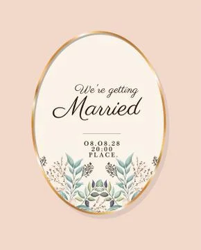 We are getting married text in gold circle with leaves vector design Stock Illustration