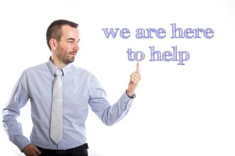 We are here to help - Young businessman with small beard touching text Stock Photos