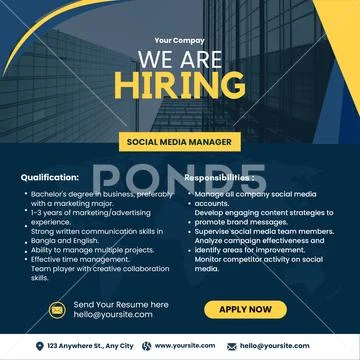 We are hiring announcement with job details and application button PSD Template
