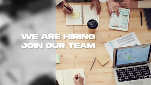 We are hiring, join our team, text animation with white text and image of te Stock Footage 243449144