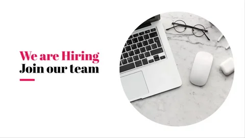 We are hiring, join our team, white background and image of laptop at the table Stock Footage 243449150