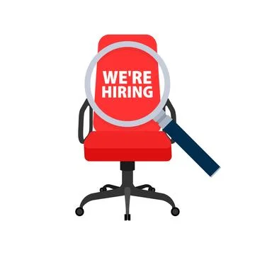 We are hiring join our team. Armchair with magnifying glass. Recruitment agency. Stockillustratie