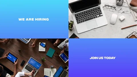 We are hiring, join us today - animated text with working team image in back Stock Footage 243449951