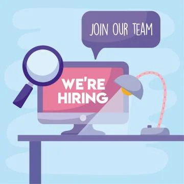We are hiring message with computer lupe and desk lamp vector design Stock Illustration