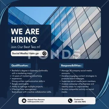 We are hiring social media manager job opportunity Plantilla PSD