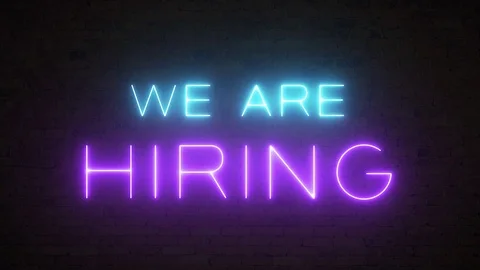We are hiring. Text Animation with neon effect offering new job, we're hiring Video stock 107378286