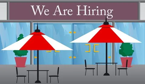 We are hiring text with front door background. Bar, Cafe, drink establishment Stock Illustration