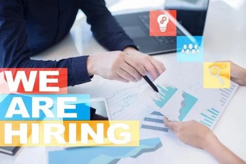 We are hiring text on virtual screen. Recruitment. HR. Human resources 스톡 사진