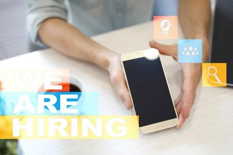 We are hiring text on virtual screen. Recruitment. HR. Human resources Фото