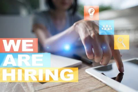 We are hiring text on virtual screen. Recruitment. HR. Human resources 스톡 사진