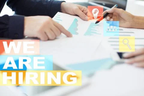 We are hiring text on virtual screen. Recruitment. HR. Human resources Фото
