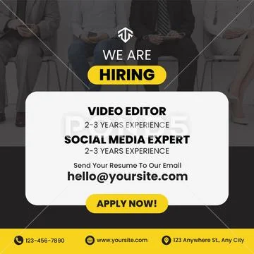 We are hiring video editor and social media expert job opportunity PSD Template