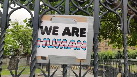 WE ARE HUMAN PLACARD AT TRANS RIGHTS PROTEST LONDON, 4K Stock Footage 134353532