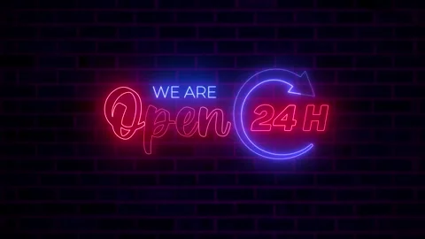 We Are Open 24 Hours Neon Sign Animation on Brick Wall for Store or Service Stock Footage 313460161