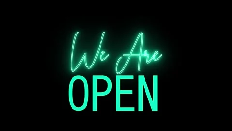 We are open animation. green glowing text on black background for sign Stock Footage 296698428