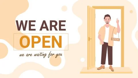 We are open banner template, man opening door for clients with sign open in Illustrazione stock