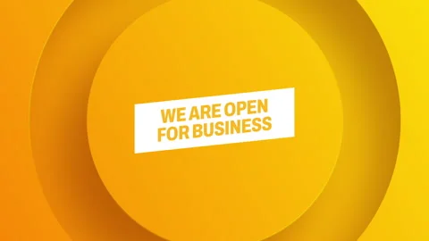 We are open for business - text animation with orange  text, orange backgrou Stock Footage 242485962