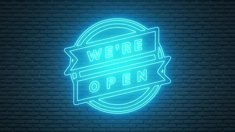 We are Open store neon sign animation over black wall background	 Video stock 240861698