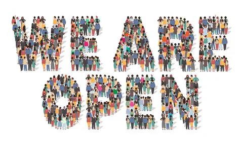 We are open typography banner. Large group of people standing together, flat Stock Illustration