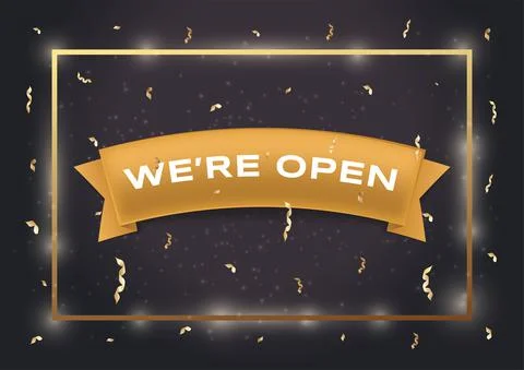 We are open vector flat banner template. White text on golden ribbon, black Stock Illustration