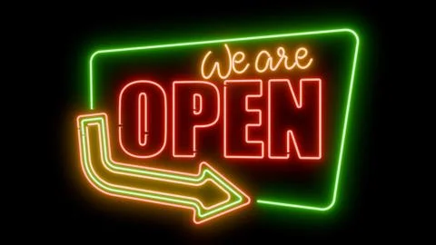 We are open vibrant glowing neon sign black background for easy blending Stock Illustration