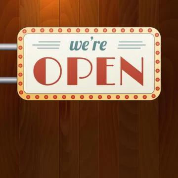 We are open vintage background vector sign on wood background. layered. Stock-Illustration