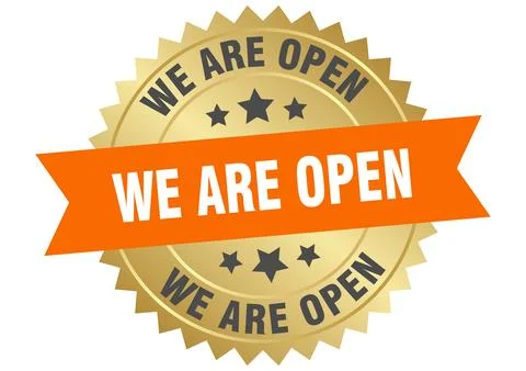 We are open. we are open round orange and gold label isolated on transparen.. Stock Illustration