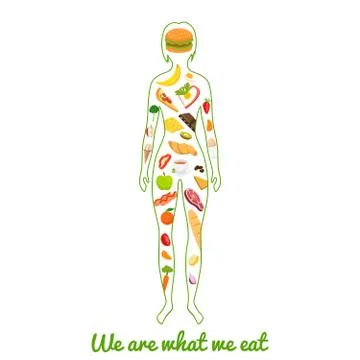 We are what we eat. Silhouette of girl with meal. Vector illustration. Stock Illustration
