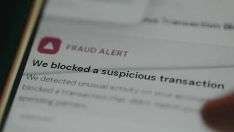 We blocked a suspicious transaction message, Fraud Alert Stock Footage 333820492