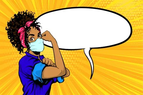 We Can Do It black african woman in medical mask Ilustración de archivo