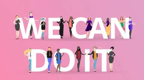 We can do it slogan with different women, diverse ladys from our world, Afric Ilustración de archivo