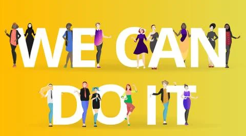 We can do it slogan with different women, diverse ladys from our world, Afric Ilustración de archivo