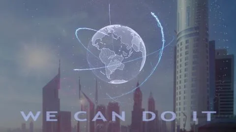 We can do it text with 3d hologram of the planet Earth against the backdrop of Fotos de archivo