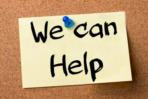 We can Help - adhesive label pinned on bulletin board Stock Photos